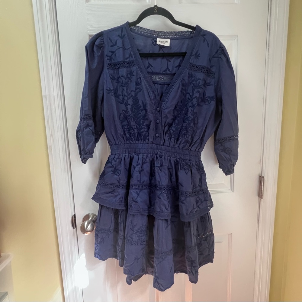 Allison New York Nv Blue Tiered Embroidery Floral Boho Lace Peasant Mini Dress S